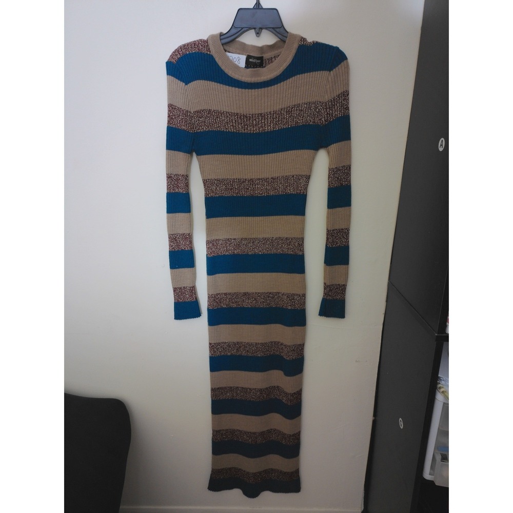 Ottod'Ame Sweater Dress Womens S Tan Teal Metallic Striped Ribbed Knit Italy